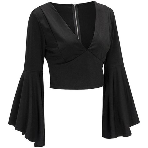 Zippered Fitted Flare Sleeve Crop Top Black ($22) ❤ liked on Polyvore featuring tops, bell sleeve tops, flared sleeve crop top, zip top, crop top and cut-out crop tops Zipper Crop Top, Bell Sleeve Tops, Flared Sleeves Top, Flare Top, Fashion Design Clothes, Black Crop Tops, Fashion Sewing, Bell Sleeve, Classy Outfits