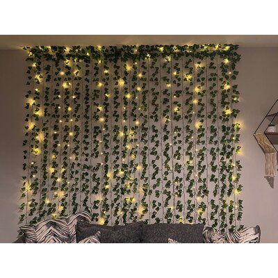 Each strand of garland greenery vine plant decor is approximately 78.7 inches long with 80 hanging leaves. | Primrue 24 Artificial Eucalyptus, Vine, Ivy Plant Set, Size 4.0 H x 13.0 W x 14.0 D in | Wayfair | Home Decor Led String Lights Bedroom, Room Decor Leaves, Leaves Room Decor, Vines For Room, Fake Ivy, Decor Leaves, Fake Leaves, Vine Decoration, Ivy Wall