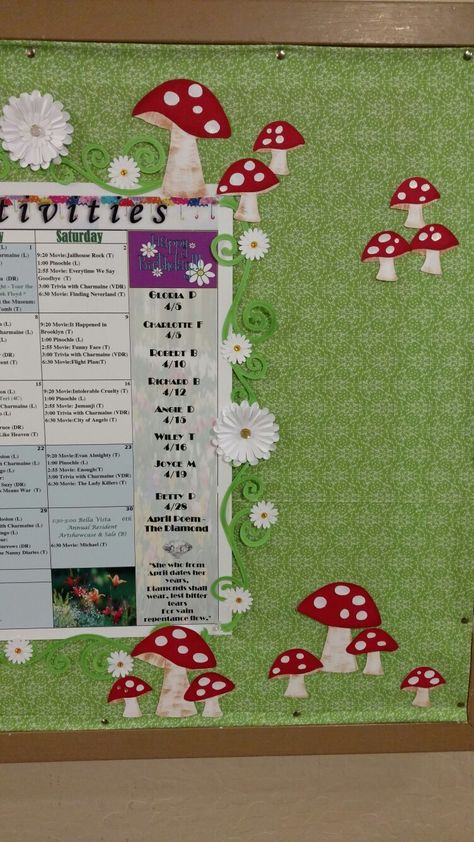 Woodland bulletin board. Gnomes, mushrooms, flowers, cricut cartridge Cottagecore Bulletin Board, Mushroom Bulletin Board Ideas, Fairy Forest Classroom Theme, Magical Forest Classroom Theme, Enchanted Forest Classroom Theme Bulletin Boards, Mushroom Classroom Decor, Woodsy Classroom Decor, Mushroom Classroom Decoration, Mushroom Bulletin Board