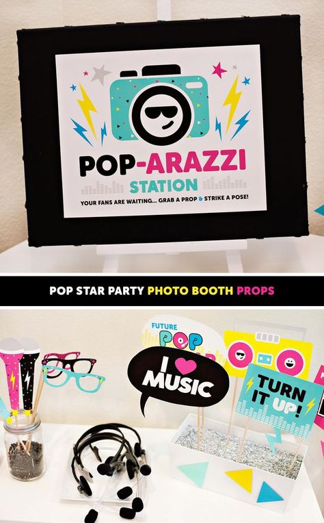 How to Throw the Ultimate POP STAR Party! {Ideas, Activities & Free Printables} | Hostess with the Mostess® | Bloglovin’ Pop Music Decorations, Pop Star Party Decoration, Kids Bop Birthday Party, Kids Karaoke Party, Star Party Ideas, Rock Star Party Favors, Baby Jam, Sing Party, Party Ideas Activities