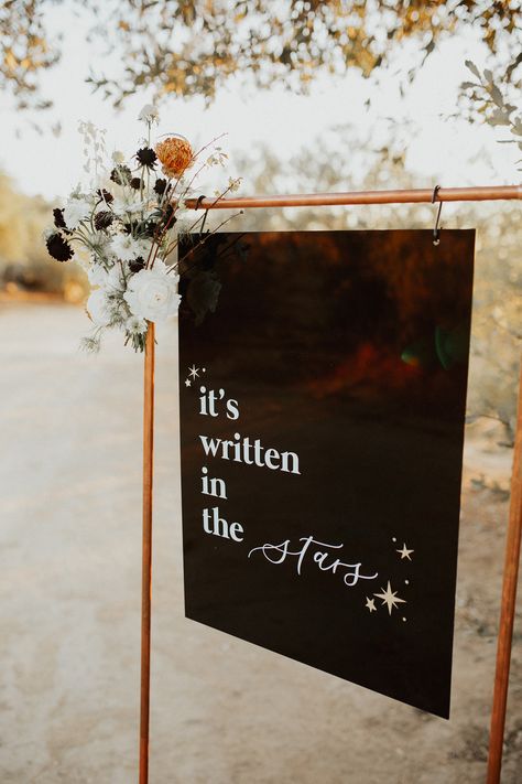 Star Wedding Reception, To The Moon And Back Engagement Party, Under The Stars Engagement Party, Sun And Moon Wedding Decor, Stars Align Wedding, Moon And Stars Themed Wedding, Star And Moon Themed Wedding, Celestial Wedding Signage, Subtle Celestial Wedding