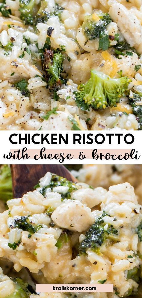 up close photos of risotto with cheese, cheese and broccoli and black pepper on top Baked Chicken Risotto, Easy Chicken Risotto, Chicken Rizoto, Chicken Risotto Recipes Easy, Rosoto Recipes Dinners, Chicken And Risotto, Chicken Risotto Recipe, Risotto Dinner, Risotto Recipes Chicken