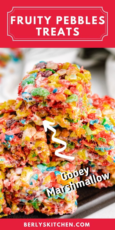 Our Fruity Pebbles Rice Crispy Treats only take minutes to make and are full of gooey marshmallows and Fruity Pebbles cereal. This is an easy dessert recipe that your entire family will love. Get the printable recipe at berlyskitchen.com. Fruity Pebbles Rice Crispy Treats Recipe, Fruity Pepples, Fruity Pebble Bars, Fruity Pebbles Rice Crispy Treats, Fruity Pebbles Treats, Crispy Treats Recipe, Rice Crispy Treats Recipe, Fruity Pebbles Cereal, Pebbles Cereal