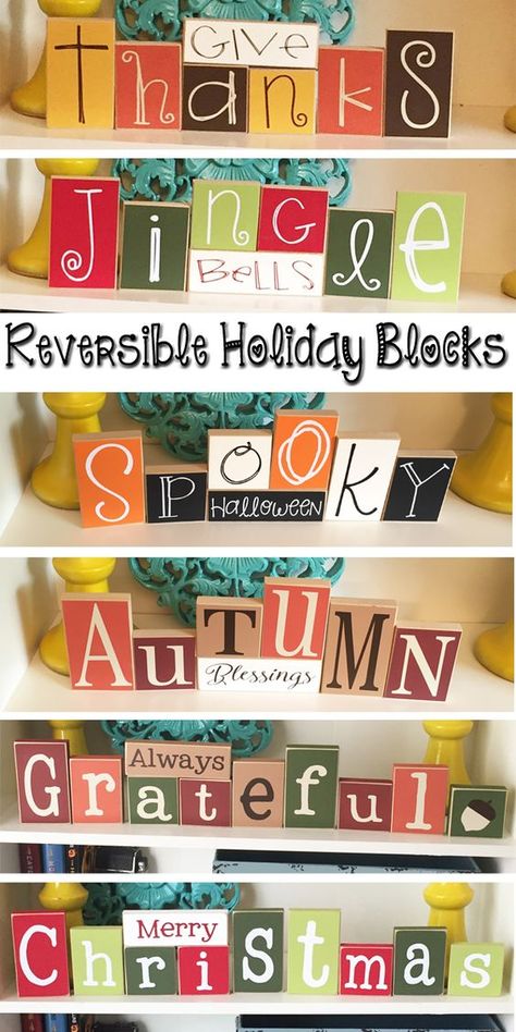 Reversible Holiday Blocks. Wood Block Crafts, Thanksgiving Decorations Diy, Diy Thanksgiving, Block Craft, Craft Night, Thanksgiving Crafts, Holiday Diy, Wooden Crafts, Diy Holiday