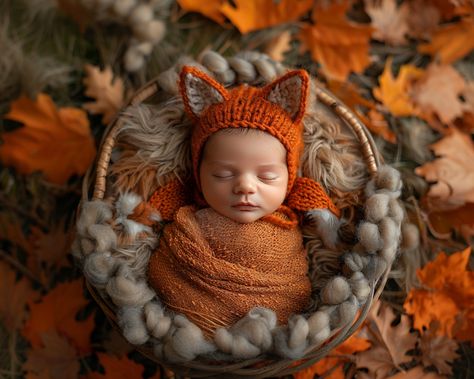 Fox Newborn Pictures, Fall Newborn Shoot, Newborn Autumn Photography, Autumn Newborn Photoshoot, Halloween Newborn Pictures, Newborn Fall Photoshoot, Newborn Theme, Fall Newborn Photos, Fall Newborn Photography