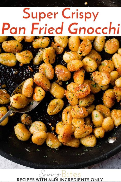 Super simple step by step how to pan-fry gnocchi recipe. This gnocchi is soft and fluffy Super quick and easy Pan-Fried Gnocchi ready in just 10 minutes! An amazing alternative to pasta or serve it as a side dish. Gnocchi is easy, fast and cheap to make. Its the perfect budget meal.  #Aldirecipes #Ibudgetmeals #gnocchi #Italianrecipes Cooking Gnocchi, Fried Gnocchi, Pan Fried Gnocchi, Gnocchi Recipes Easy, How To Cook Gnocchi, Aldi Recipes, Baked Gnocchi, Making Gnocchi, Gnocchi Recipe