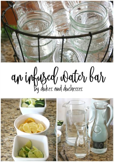 an infused water bar Infused Water Bar Drink Stations, Flavored Water Bar, Infused Water Bar, Water Bar Ideas, Water Bar, Soda Bar, Food Bars, Fruit Infused Water, Delicious Drink Recipes