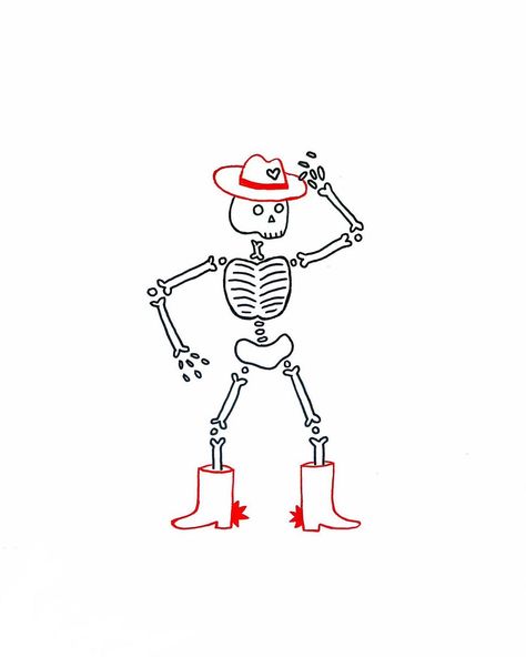 Skeleton Cowboy Hat Tattoo, Skeleton In Cowboy Boots Tattoo, Cute Skeleton Drawing Easy, Skeleton Minimalist Tattoo, Silly Skeleton Drawing, Cowgirl Skeleton Tattoo, Skeleton Wearing Clothes, Skeleton With Cowboy Hat Tattoo, Skeleton Art Easy