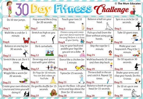 30-day Kids Fitness Challenge - Active kids - The Mum Educates Kids Summer Fitness Challenge, Kid Exercise Activities, Prek Physical Education Activities, Kids Fitness Workouts, Family Fitness Night At School, Summer Physical Activities For Kids, Kids Challenges Activities, Fun Workouts For Kids, Workouts For Kids At Home