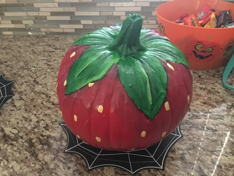 Strawberry Halloween Pumpkin by La Sirena Pai Ted Pumpkin Ideas, Colored Pumpkins Decorating Ideas, Painting Pumpkins Creative, Pumpkin Painting Ideas Kids Easy, Aesthetic Painting Pumpkin Ideas, Mini Pumpkin Painting Ideas Aesthetic, Pumpkin Paint Aesthetic, Pumpkin Painting Ideas Colorful, Detailed Painted Pumpkin