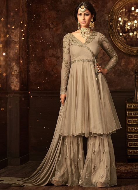 Light Beige Embroidered Net Sharara Suit Net Sharara Suit, Sharara Party Wear, Net Sharara, Sarara Dress, Wedding Sharara, Indian Suits For Women, Sharara Designs, Pengantin India, Gaun Fashion