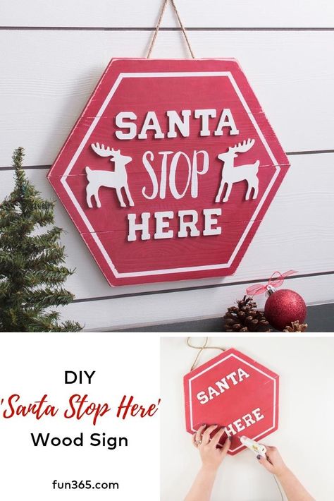 Invite Santa to your house this Christmas in the cutest way with this Santa Stop Here DIY sign. Santa Signs, Santa Stop Here Sign, Welcome Signs Front Door, Christmas Crafts To Sell, Diy Santa, Party Planning Ideas, Wedding Projects, New Year Designs, Christmas Signs Wood