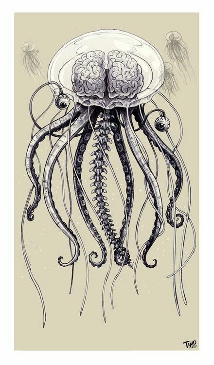 Brain eyes mechanical tentacles  jellyfish octopus Vintage Nautical Tattoo, Vintage Nautical Decor, Brain Tattoo, Octopus Drawing, Nautical Prints, Jellyfish Tattoo, Brain Art, Octopus Art, Vintage Nautical