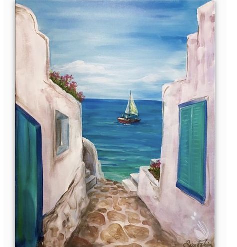 China Landscape, Greece Painting, Painting With A Twist, Beach Art Painting, Italy Painting, Simple Canvas Paintings, Painting Party, Summer Painting, Canvas Painting Designs