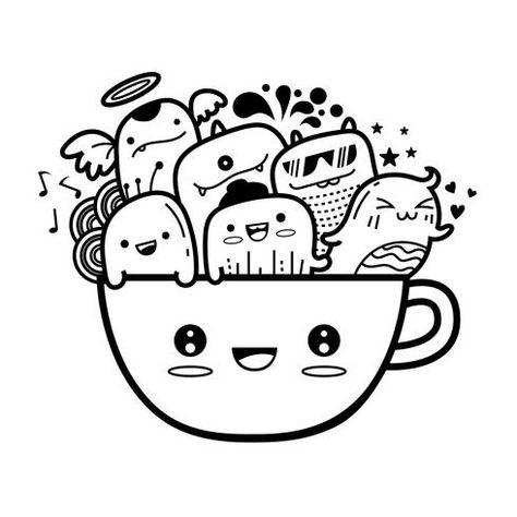 Coffee mug cute monter doodles background Vector illustration. Doodles Bonitos, Diy Canvas Art Easy, Mug Drawing, Doodle Art For Beginners, Doddle Art, Arte Doodle, Doodle Background, Doodle Characters, Doodle Art Drawing