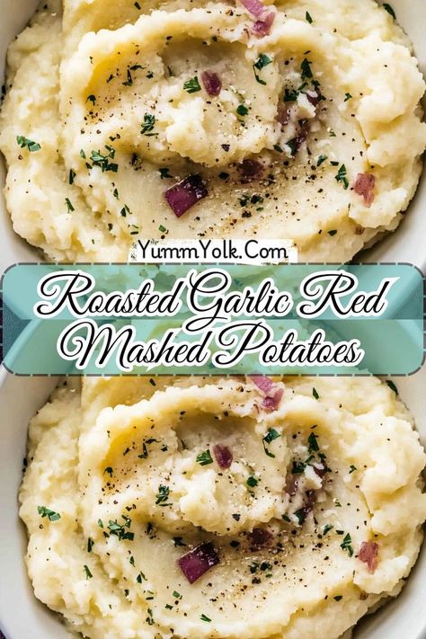 Make your Thanksgiving feast unforgettable with these creamy, roasted garlic red mashed potatoes! Bursting with rich, savory flavors and a hint of garlic, they’re the ultimate comfort side dish for your holiday table. 🍂✨ Perfect alongside turkey, stuffing, and all your Thanksgiving favorites! #ThanksgivingDinner #HolidayRecipes #MashedPotatoes Garlic Mashed Red Potatoes Recipe, Holiday Mashed Potatoes, Garlic Mashed Red Potatoes, Mashed Potatoes For Thanksgiving, Red Mashed Potatoes, Garlic Red Mashed Potatoes, Mashed Potatoes Creamy, Red Skin Mashed Potatoes, Bacon Mashed Potatoes