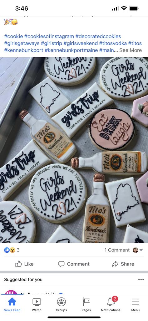 Vodka Cookies Decorated, Vegas Cookies, Bach Idea, Bachelorette Cookies, Malibu Rum, Bridal Shower Cookies, Decorating Cookies, Sugar Cookie Designs, Cookie Time