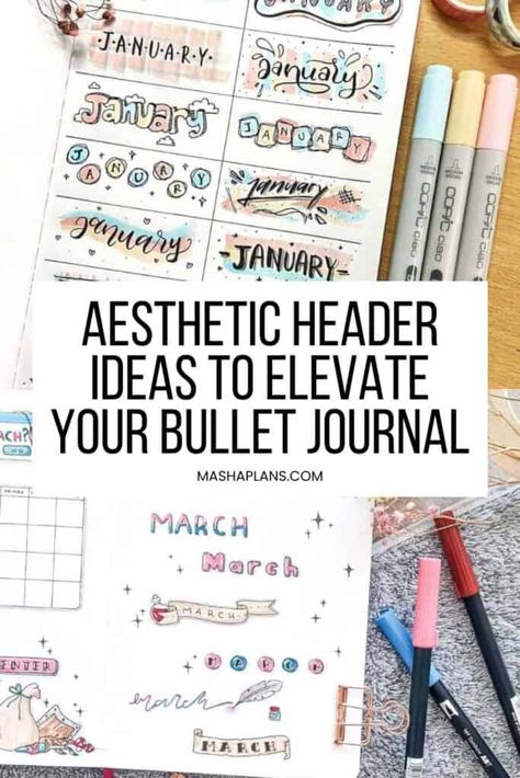 Looking to take your bullet journal to the next level? Check out these creative and eye-catching aesthetic header ideas to bring a touch of beauty and organization to your pages. Whether you're a beginner or a seasoned journaler, these ideas will inspire you to create stunning headers that truly stand out. Don't miss out on these aesthetic header ideas – start elevating your bullet journal today! Bujo Header Ideas, Header Ideas, Bullet Journal Pages, Bullet Journal Headers, Aesthetic Header, Journal Lettering, Bullet Journal How To Start A, Lettering Ideas, School Planner