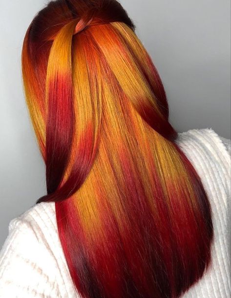 Fire Hair Color Ideas, Red Orange Yellow Hair, Orange Yellow Hair, Fire Ombre Hair, Purple Locs, Yellow Hair Color, Color Hairstyles, Colored Weave, Natural Hair Short Cuts