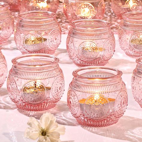 PRICES MAY VARY. Votive Candle Holders Bulk: Enhance your party ambiance with these elegantly crafted round votive candle holders, showcasing intricate sunflower relief patterns. Their mesmerizing design will undoubtedly add perfect finishing touch to your party table decorations. Candle Holders for Table Centerpiece: You will get 24 pack votive candle holders, measuring 2"(Cal) and 2"(H) and the waist Dia is approx 2.55". Let Tea Candle/ Small Votive or LED Tealights in these glass candle holde Pink Table Decorations, Bridal Shower Decorations Pink, Pink Candle Holders, Pink Baby Shower Decorations, Pink Candle, Tea Candle Holders, Tea Candle, Bridal Shower Tables, Romantic Candles