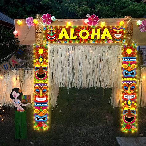 Lighted Tiki Banners Aloha Tropical Moana Flamingo Door Porch Signs Wall Hanging Decor Supplies(Not Include Battery) #summer #party #diytikidecoration #tiki #tikidecoration #diytiki Hawai Party, Tropisk Fest, Hawaiian Luau Party Decorations, Luau Decorations, Hawaii Theme, Hawaiian Party Theme, Luau Party Decorations, Aloha Party, Hawaiian Party Decorations