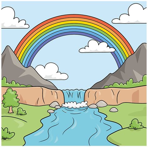 Drawing For 3rd Class Students, Rainbow Drawing Ideas, Rainbow Scenery, Landscape Drawing For Kids, Simple Nature Drawing, Nature Drawing For Kids, Easy Nature Drawings, Landscape Drawing Tutorial, Landscape Drawing Easy