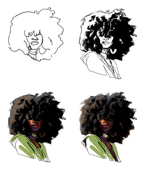 ArtStation - Afro, Sean Sevestre How To Draw Protective Hairstyles, Black Hairstyle Drawing, Black Hairstyles Art, Hairstyle Drawing Reference, Afro Hair Drawing, Reference Clothing, Black Animation, Face Sketches, Oc Concept