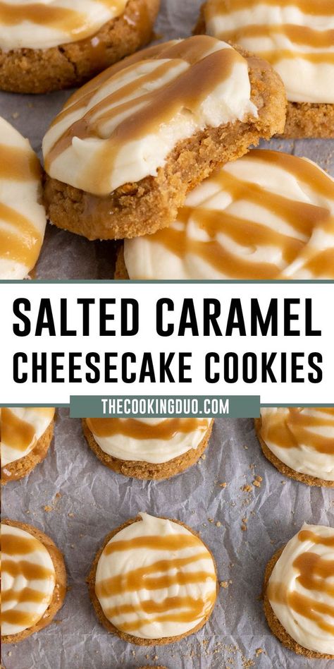 Close up of crumble salted caramel cheesecake cookies. Caramel Cheesecake Cookies, Crumble Cookie Recipe, Cheesecake Frosting, Salted Caramel Cheesecake, Fall Baking Recipes, Caramel Cheesecake, Cheesecake Cookies, Easy Baking Recipes Desserts, Homemade Caramel