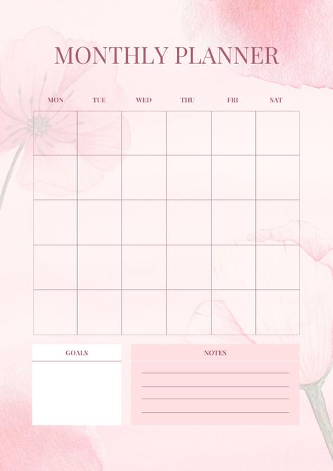 Pink Calendar Template, Monthly Planner Template Pink, Cute Calendar Template, Weekly Planner Pink, Pink Monthly Planner, Planner Cover Page, Planner Monthly Layout, Rose Pink Flower, Digital Planner Ideas