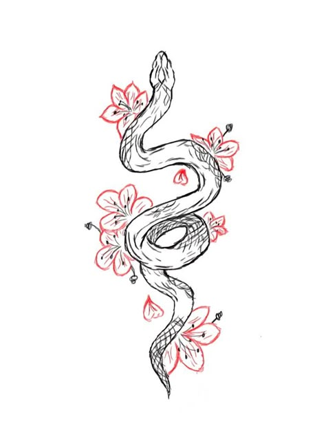 Wrap Around Wrist Tattoos Snake, Snake With Cherry Blossom Tattoo, Snake And Cherry Blossom Tattoo, Red Black Tattoo Ideas, Red And Black Snake Tattoo, Girly Snake Tattoo, Black And Red Tattoos For Women, Snake Flowers Tattoo, Cool Flower Tattoos