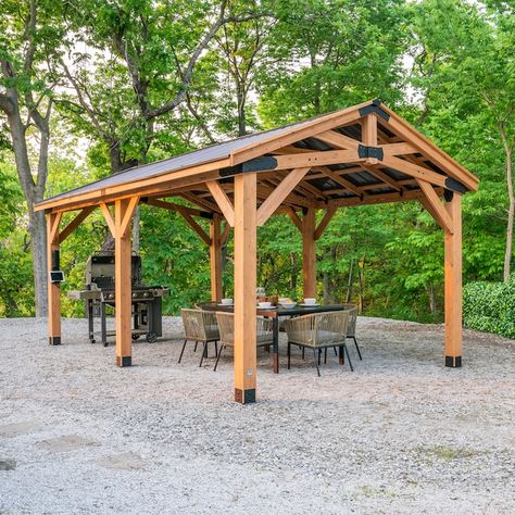 Rectangle Gazebo, Wooden Carports, Permanent Gazebo, Covered Patio Design, Cedar Posts, Steel Roof, Backyard Gazebo, Gas Fire Pit Table, Patio Gazebo