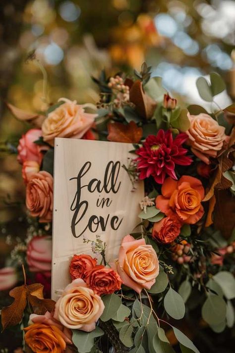 Fall in Love Bridal Shower Welcome Sign October Wedding Shower Theme, Fall Bridal Shower Table Centerpieces, Bridal Shower Decor Fall, Fall In Love Bridal Shower Centerpieces, Bridal Shower Themes For October, Fall In Love Theme Bridal Showers, Vintage Bridal Shower Decor, Fall Bridal Shower Photo Backdrop, Fall Theme Bridal Shower Decorations