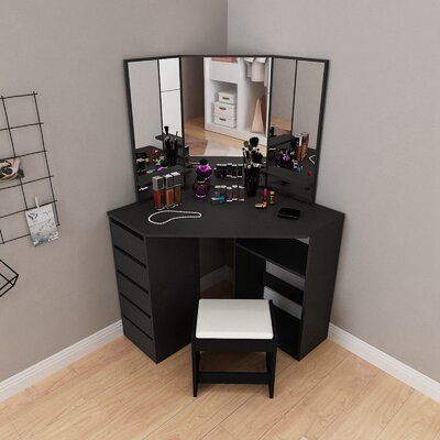 Corner and corner design: The makeup table is designed to fit snugly in the corner of the bedroom or bathroom, saving space and creating a corner, ideal for storing and applying cosmetics. Durable high-gloss material: The main body of the dressing table is pure black 1.6cm particle board. The high-gloss black surface is durable and resistant to stains, water stains, scratches and ultraviolet radiation, and it is easy to clean. 3-panel mirror: The 3-panel mirror in the centre panel is wider, and Corner Dressing Table, Bedroom Vanity Table, Modern Bedroom Storage, Bedroom Storage Cabinet, Bedroom Storage Cabinets, Dressing Table With Drawers, Mirrored Vanity Desk, Dressing Table Design, Wooden Bedroom