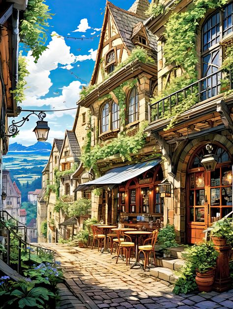 Old Buildings Paintings, French Victorian House, French Village Aesthetic, Fairytale Cafe, Old Village House, French Streets, Town Scenery, France Village, Old France