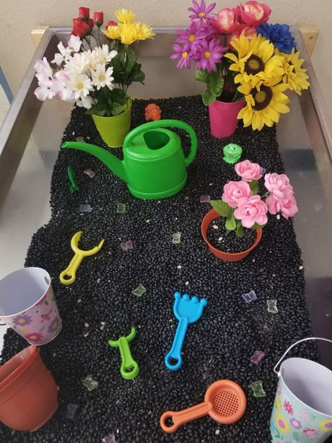 Baby Room Nursery School, Garden Sensory Bin, Garden Sensory, Pots Flowers, Toddler Sensory Bins, Maluchy Montessori, Toddler Sensory, Sensory Boxes, Spring Preschool