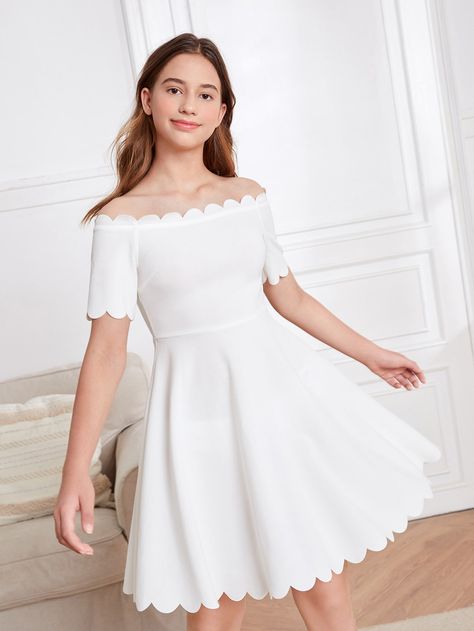 White Dressy  Short Sleeve Polyester Plain A Line Embellished High Stretch Summer Girls Clothing Confirmation Dresses For Teens, Girls Confirmation Dresses, Confirmation Dresses, Dressy Shorts, Off Shoulder Dresses, Scallop Trim, Ruffle Hem Dress, Dresses For Teens, Teen Girls