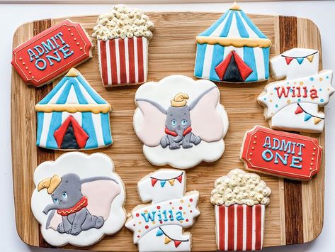 Carnival Cookies Decorated, Circus Animal Cookies, Dumbo Cookies Decorated, Circus Tent Cookies Decorated, Circus Animal Cookie, Popcorn Kernels, Sugar Cookie Royal Icing, Fancy Cookies, Having A Blast