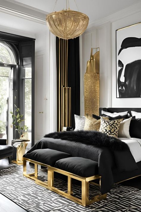 Black Headboard Aesthetic, Black And Gold Small Bedroom, Black And Gold Decor Bedroom, Los Angeles Bedroom Aesthetic, Black Cream And Gold Bedroom, Black White Gold Home Decor, Grey Black And Gold Bedroom, Black White And Gold Bedroom Ideas, Black Gold White Bedroom