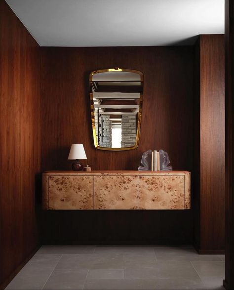 BOERUM HILL • Instagram Modern Art Deco Home, Burled Wood Furniture, Hall Mirrors, Leather Mirror, Art Deco Home, French Interior, Wood Interiors, Wood Console Table, Wood Console