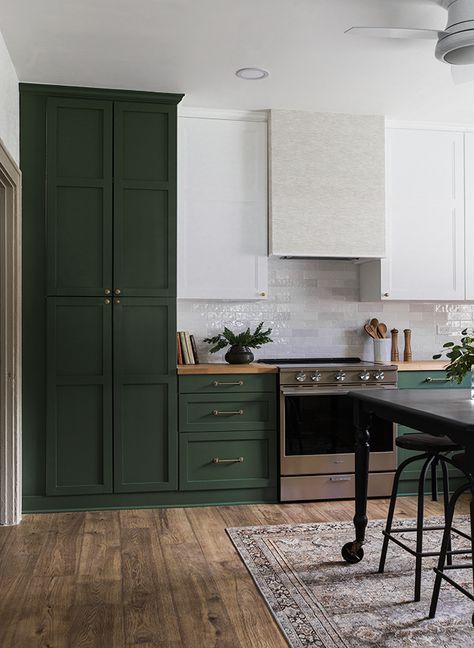 Our Custom Ikea Cabinet Built-ins White Upper Cabinets, Kitchen Cabinet Inspiration, Cabinet Inspiration, Green Kitchen Cabinets, Kitchen Ideas Modern Luxury, Green Cabinets, Small Space Kitchen, Fall Kitchen, Grey Kitchen Cabinets