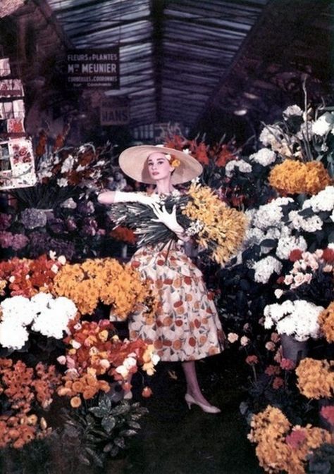 Audrey Hepburn in floral dress surrounded by flowers... Audrey Hepburn Givenchy, Audrey Hepburn Funny Face, Audrey Hepburn Outfit, Audrey Hepburn Dress, Mode Retro, Audrey Hepburn Style, Fred Astaire, Funny Face, Old Movies