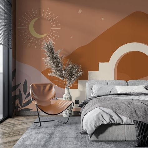 Desert Theme Bedroom, Minimal Mural, Wall Arch Decor, Beige Walls Bedroom, Arch Wallpaper, Wall Arch, Black And White Tiles Bathroom, Bohemian Sun, Sun Wallpaper