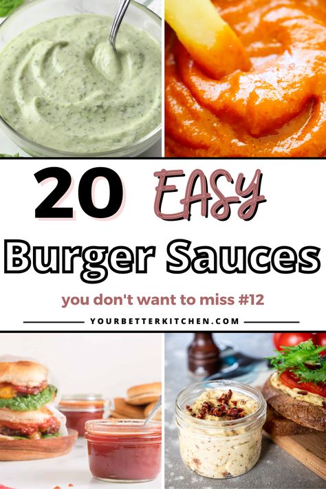 Dive into the flavorful world of our top 20 easy burger sauces! From the tangy delight of Carolina Gold BBQ sauce to the unexpected enthusiasm of Dr Pepper BBQ sauce, we have something for every palate. But wait till you get to sauce #12, it's a game changer! Ignite your taste buds, amplify your grilling skills and turn your basic burger into a gourmet delight. Follow us for more tantalizing recipes and secrets! Hamburger Condiments Ideas, Burgers Sauce Recipe, Sauce For Burgers Recipe, Burger Sauces Ideas, Hamburger Sauce Ideas, In Out Burger Sauce, Sauces For Hamburgers, Breakfast Burger Sauce, In N Out Burger Sauce