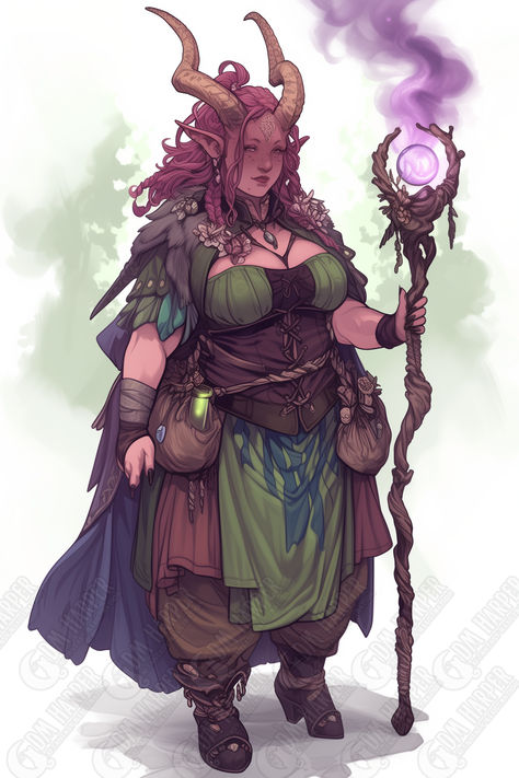 Tiefling Ranger Dnd, Plus Size Dnd Female, Teifling Barbarian Female, Firbolg Woman, Eladrin Cleric, Plus Size Dnd Character, Female Druid Art, Tiefling Druid Female, D&d Bard