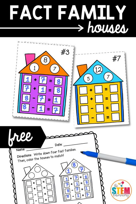 Fact families are a great visual for helping children see the connection between addition and subtraction. Add these fact family houses to your math center! #factfamilies #STEM #firstgrade #iteachfirstgrade Math Fact Families First Grade, 1st Grade Stem Activities Free, Fact Families Kindergarten, Addition Fact Families, Fact Families 2nd Grade, Math Fact Families, Fact Family Anchor Chart, Fact Families First Grade, Homeschool Extracurricular