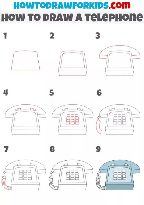 How To Draw A Phone Step By Step, Telephone Drawing Simple, How To Draw A Phone, Phone Drawing Easy, Telephone Doodle, Accessory Reference, Starbucks Drawing, Telephone Drawing, Draw Objects