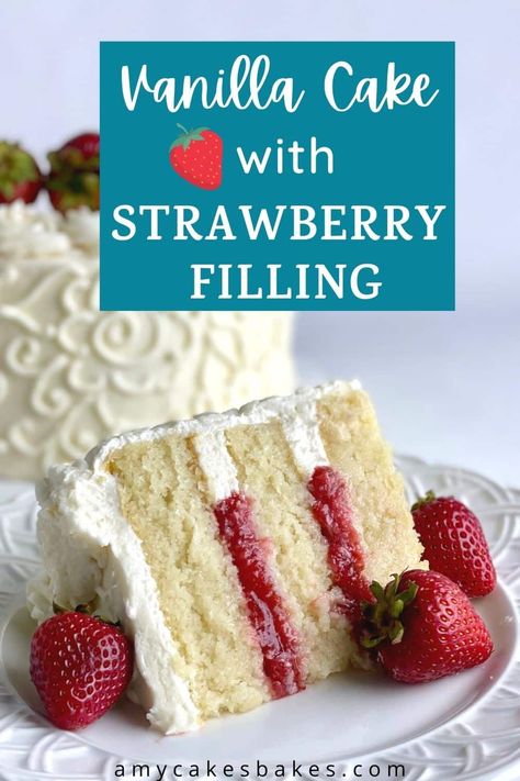 This bakery recipe makes an incredibly moist vanilla cake with strawberry filling. It starts with soft, fluffy cake layers, easy fresh strawberry compote, and creamy vanilla buttercream. It makes a beautiful strawberries and cream cake, perfect for Valentine's Day and other special occasions. Get more made-from-scratch bakery recipes at amycakesbakes.com! Vanilla Cake With Strawberry Filling, Cake With Strawberry Filling, Strawberry Cake Filling, Strawberry Vanilla Cake, Strawberry Cream Cheese Frosting, Moist Vanilla Cake, Cake With Strawberry, Roasted Strawberries, Vanilla Cake Recipe