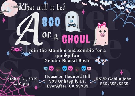 Gender Reveal October, Spooky Gender Reveal Ideas, Cute Gender Reveal, Halloween Gender Reveal, Cute Gender, Halloween Invite, Shower Items, Gender Reveal Party Games, Gender Reveal Themes