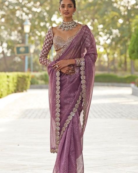 All posts • Instagram Saree Long Blouse Designs Latest, Full Sleeve Blouse Designs Saree Indian Weddings, Full Sleeve Saree Blouse Design, Lilac Saree Lavender, Designer Sarees For Reception, Lilac Sarees, Full Hand Blouse Designs, Blouse For Organza Saree, Full Hand Blouse Designs For Saree