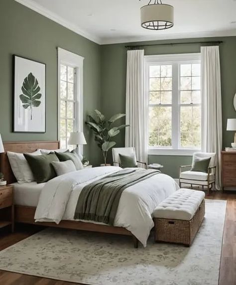 Green Guest Room Ideas, Green Bedroom Brown Furniture, Master Bedrooms Decor Cozy Green, White And Olive Green Bedroom, Sage Green And Black Bedroom, Green And Neutral Bedroom, Green Master Bedrooms Decor, Green Bedroom Inspirations, Green Guest Room